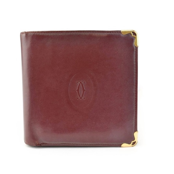 CARTIER Burgundy leather medium folding wallet gold metal corner & CC logo